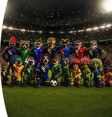 Especies de fauna y flora protegidas por EPM posan como equipo de fútbol en un estadio iluminado.