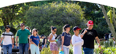 Grupo de personas caminando juntas en un parque rodeado de árboles y vegetación, disfrutando de un día al aire libre en familia y con amigos