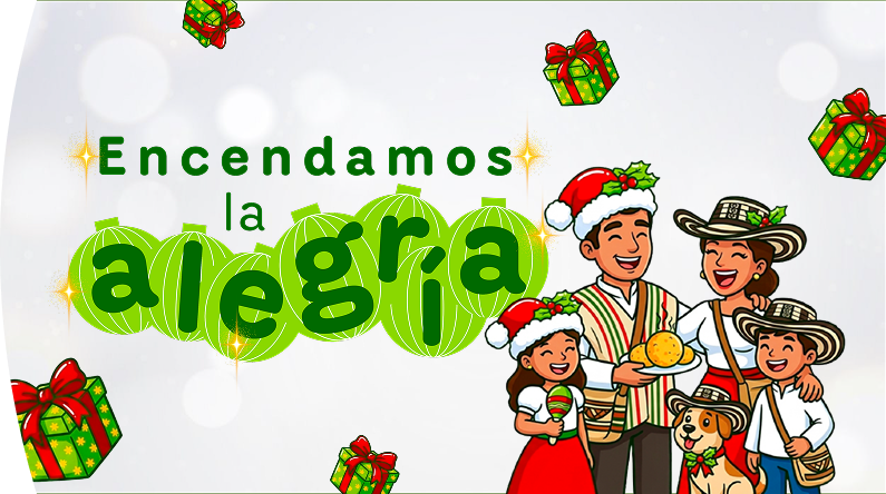 Banner navideño de Encendamos la Alegría con familia, regalos y elementos festivos ilustrados.