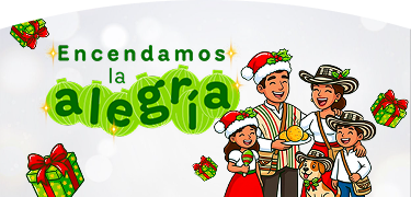 Banner navideño de Encendamos la Alegría con familia, regalos y elementos festivos ilustrados.