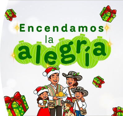 Banner navideño de Encendamos la Alegría con familia, regalos y elementos festivos ilustrados.