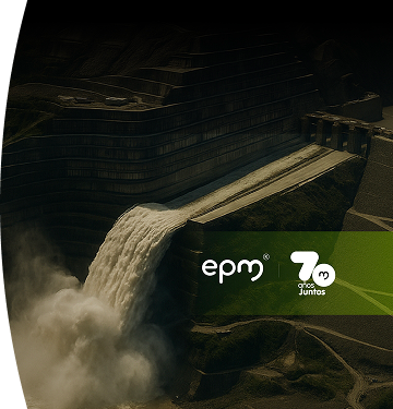 Vista aérea de una represa hidroeléctrica con gran caudal de agua saliendo por el vertedero, acompañada del logo de EPM y el mensaje “70 años juntos”