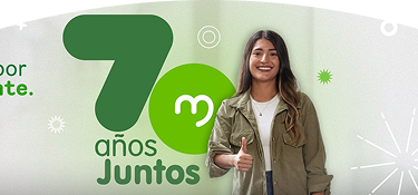 Mujer joven sonríe y levanta el pulgar junto al logo de EPM con el mensaje “70 años juntos”