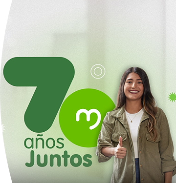 Mujer joven sonríe y levanta el pulgar junto al logo de EPM con el mensaje “70 años juntos”