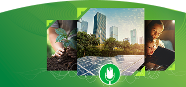 Composición con imágenes de una persona sembrando una planta, paneles solares frente a edificios y una madre leyendo con su hija, sobre un fondo verde con un ícono de micrófono