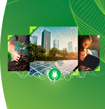 Composición con imágenes de una persona sembrando una planta, paneles solares frente a edificios y una madre leyendo con su hija, sobre un fondo verde con un ícono de micrófono