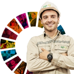 Cover of the 2022 sustainability report featuring a smiling worker.