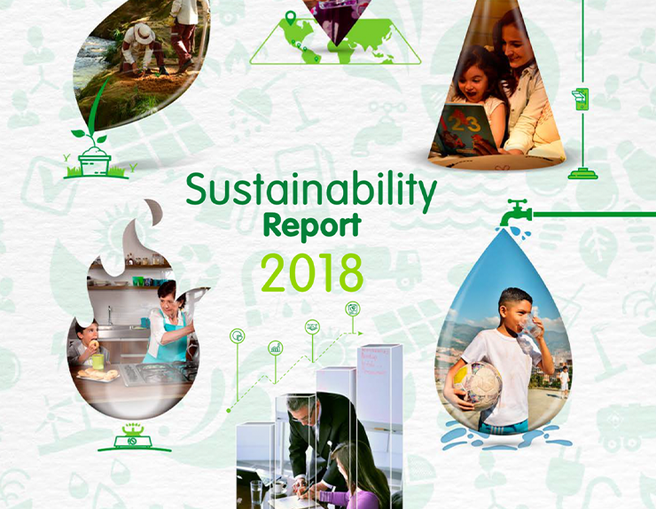 Cover of the 2018 sustainability report with illustrations and photographs related to environmental impact.