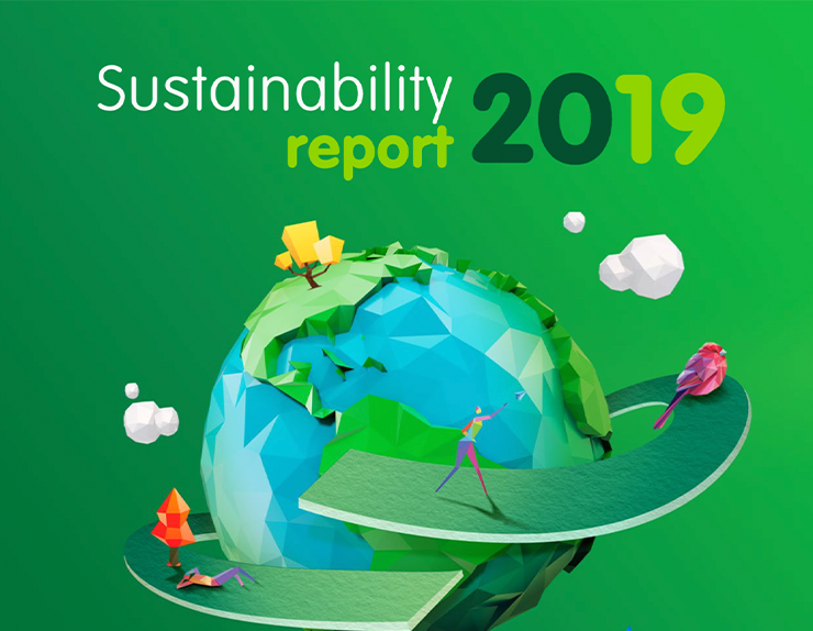 Cover of the 2019 sustainability report with a green design and a globe.