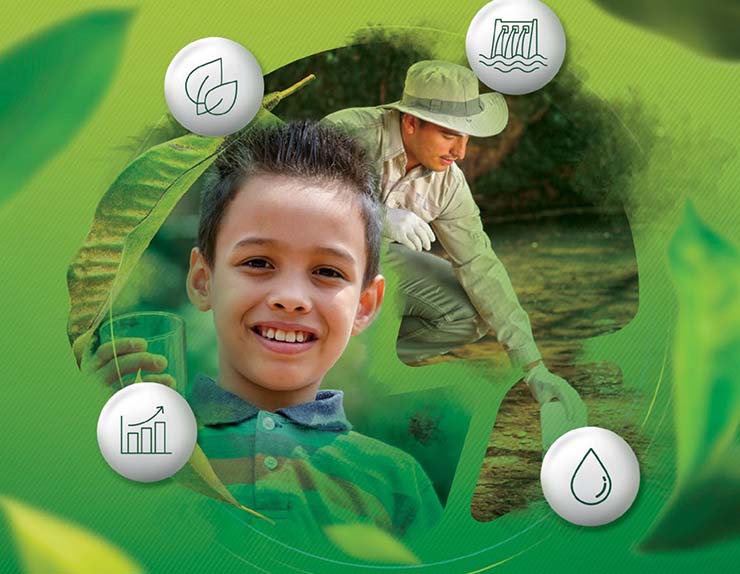 Cover of the 2020 sustainability report featuring a child surrounded by environmental icons.