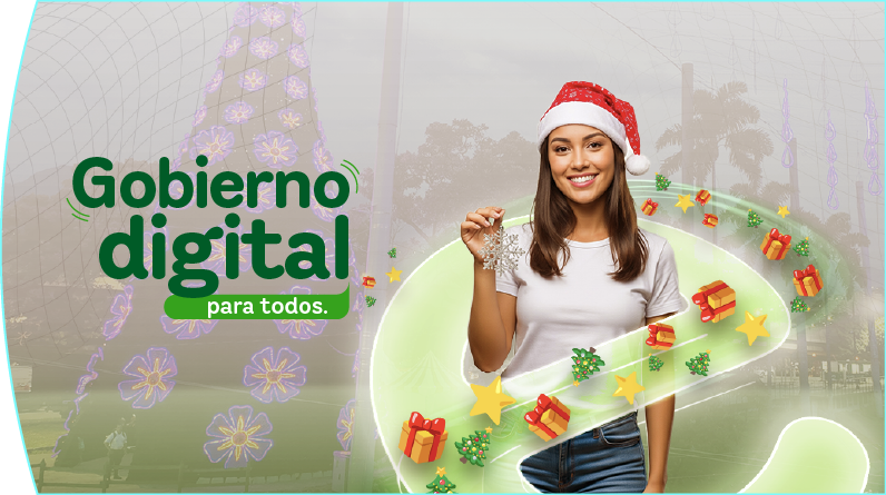 Mujer con gorro de Navidad sosteniendo un adorno frente a un árbol de luces y el texto "Gobierno digital para todos"