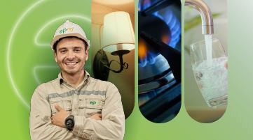 Trabajador de EPM con casco, junto a imágenes de una lámpara encendida, una estufa de gas y un vaso con agua saliendo del grifo.