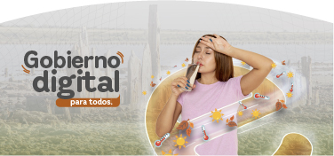 Mujer con calor toma un vaso de agua, al lado se ve el texto "Gobierno digital para todos"