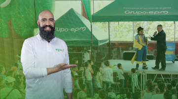 Imagen diseñada de un trabajador de EPM con un evento comunitario de fondo