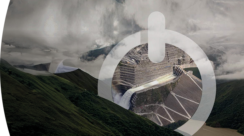 Montaje de una central hidroeléctrica dentro de un ícono de encendido sobre un paisaje de montaña.