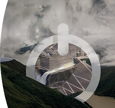 Montaje de una central hidroeléctrica dentro de un ícono de encendido sobre un paisaje de montaña.