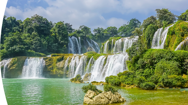 Cascadas rodeadas de vegetación exuberante desembocando en un río de agua
