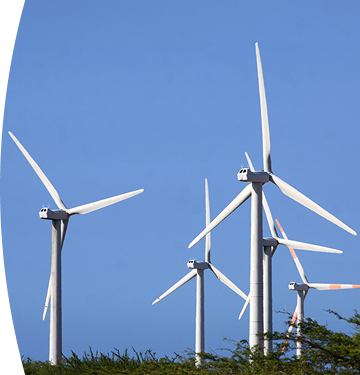 Banner ''Proyecto de desmontaje'' aerogeneradores blancos en funcionamiento sobre un campo verde, generando energía eólica bajo un cielo azul despejado