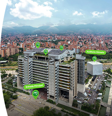 Vista aérea de la sede principal de EPM en Medellín, con señalización de la entrada principal y el Auditorio Himerio Pérez, rodeada de edificios, avenidas y montañas al fondo