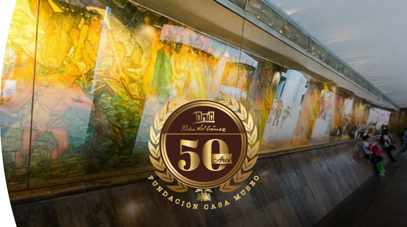 Mural artístico de Pedro Nel Gómez en museo con sello conmemorativo de los 50 años de la Fundación Casa Museo.