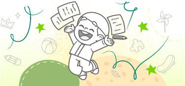 Ilustración de niño feliz saltando con cuadernos, de fondo se ven colores y elementos creativos alrededor que lo acompañan.