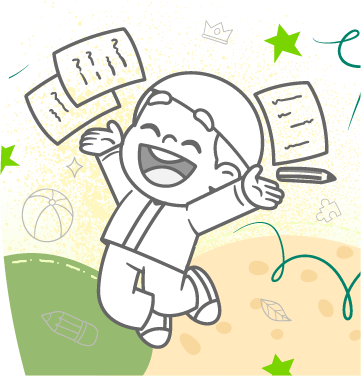 Ilustración de niño feliz saltando con cuadernos, de fondo se ven colores y elementos creativos alrededor que lo acompañan.