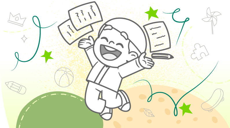 Ilustración de niño feliz saltando con cuadernos, de fondo se ven colores y elementos creativos alrededor que lo acompañan.