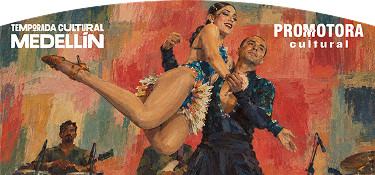 "Temporada Cultural Medellín" y "Promotora Cultural", ilustrado con una pareja bailando salsa o ritmos latinos frente a una banda de música en vivo.