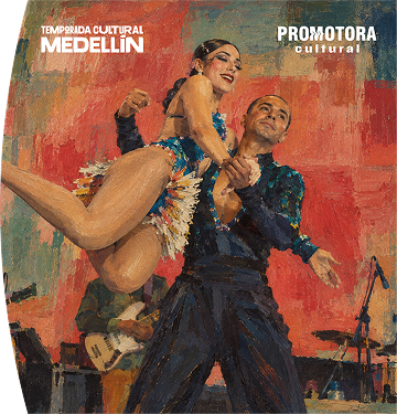 "Temporada Cultural Medellín" y "Promotora Cultural", ilustrado con una pareja bailando salsa o ritmos latinos frente a una banda de música en vivo.