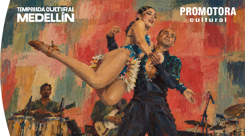 "Temporada Cultural Medellín" y "Promotora Cultural", ilustrado con una pareja bailando salsa o ritmos latinos frente a una banda de música en vivo.