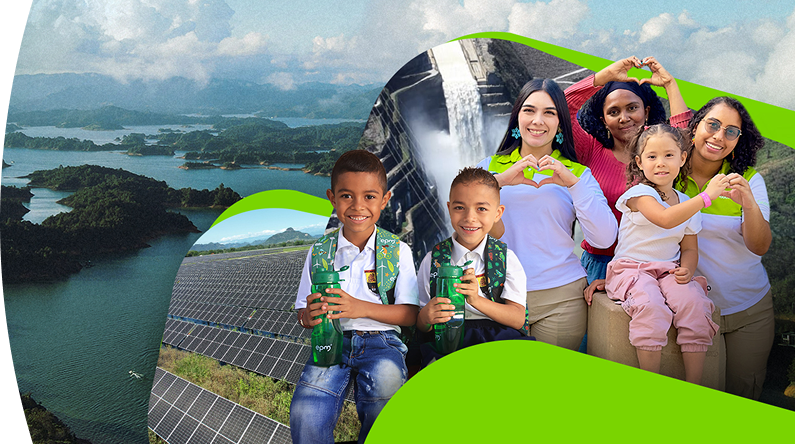 Cinco personas sonríen; una mujer y un niño hacen corazón con las manos y otros sostienen botellas verdes. Al fondo, embalse de Guatapé y paneles solares