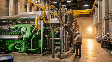 Trabajador EPM revisando una máquina dentro de una fábrica