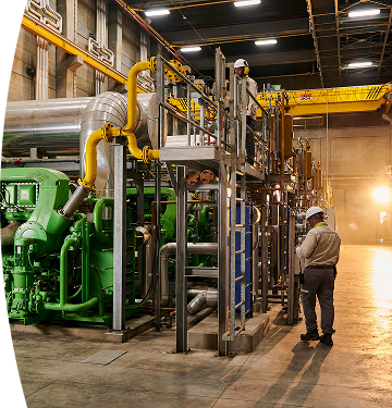 Trabajador EPM revisando una máquina dentro de una fábrica