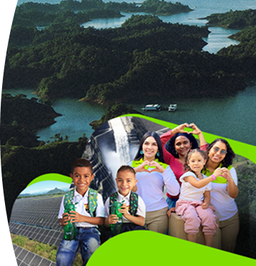 Close-up of five people three adult women and two children smiling; a woman and a child make a heart gesture with their hands, while others hold green reusable bottles. In the background, the Guatapé reservoir with islets and mountains can be seen, along with solar panels and green graphic elements that complete the composition, conveying energy, community, and sustainability.