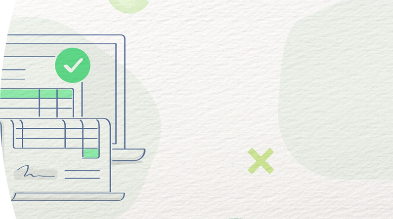 Ilustración de una computadora portátil y una hoja de cálculo con un ícono de verificación verde