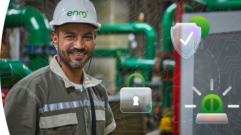 Trabajador de EPM en entorno industrial junto a iconos de seguridad digital