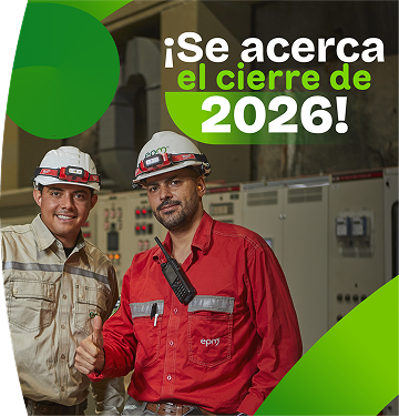 Trabajadores de EPM, ambos sonriendo con el pulgar hacia arriba. El texto dice: "¡Se acerca el cierre de 2026!".