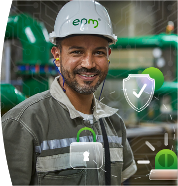Trabajador de EPM en entorno industrial junto a iconos de seguridad digital