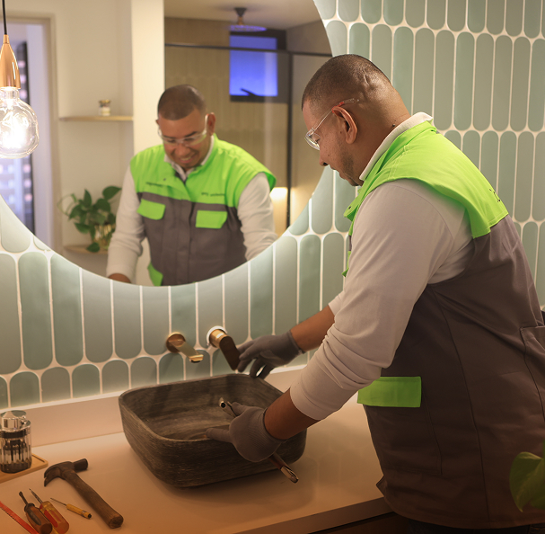 Funcionario de EPM con con uniforme verde trabajando en hogar