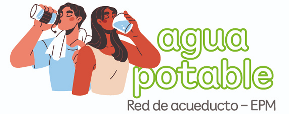 Agua potable. Red acueducto - EPM. Ilustración de hombre y mujer tomando agua