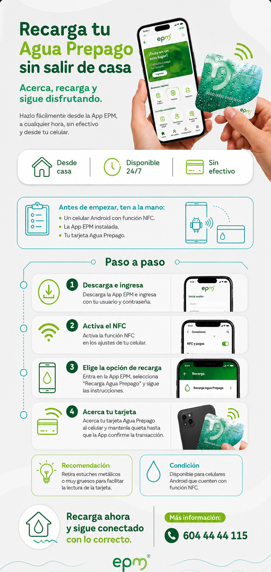 Infografía paso a paso para recargar la tarjeta Agua Prepago con la App EPM mediante tecnología NFC