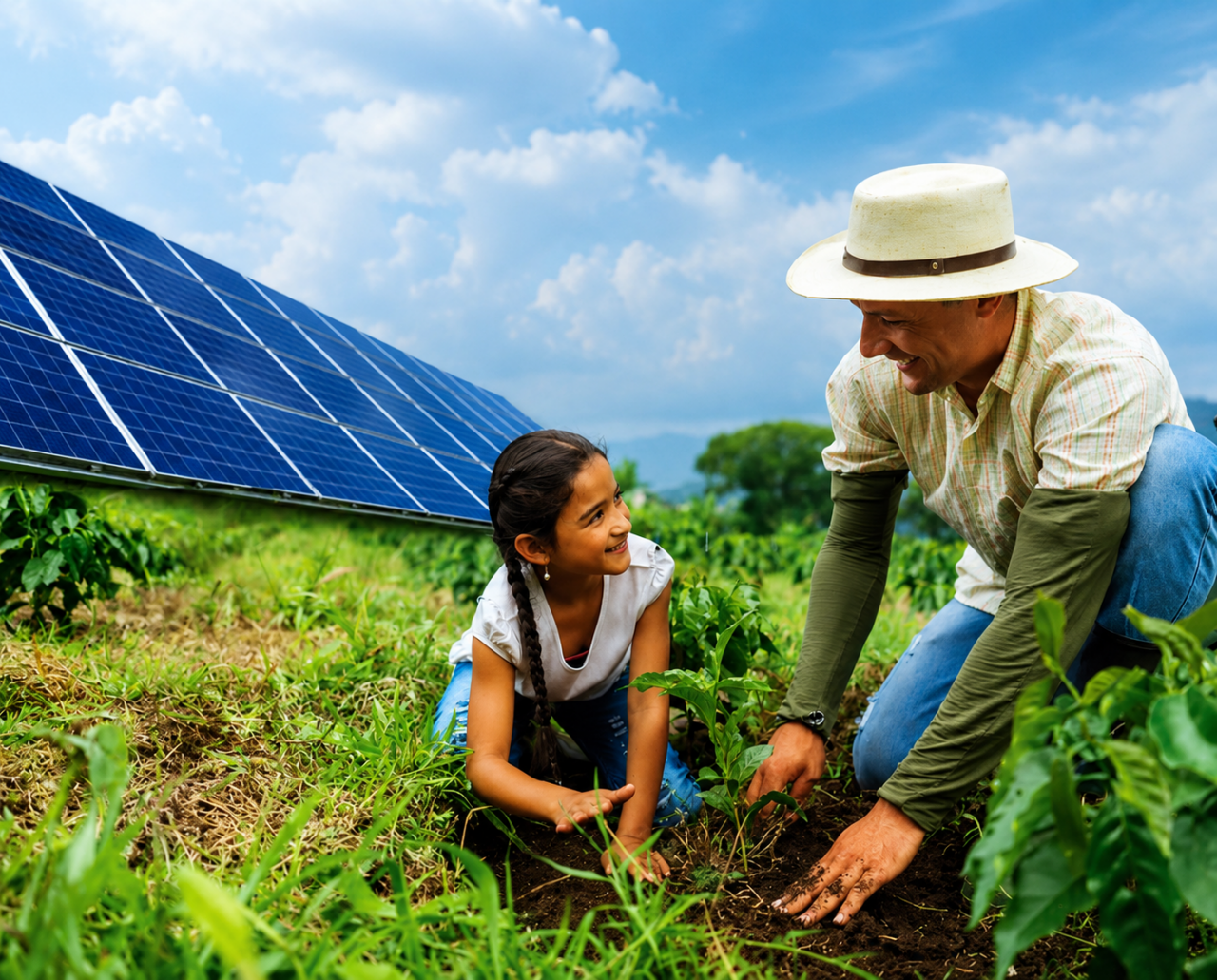 Hombre con sombrero y niña, sonríen mientra siembran plantas en un campo verde, en el fondo de ven paneles solares