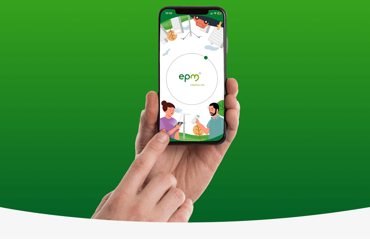 Mano sosteniendo un celular y en la pantalla se muestra la aplicación de EPM