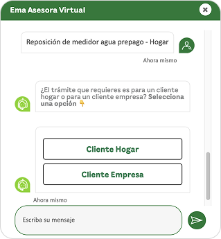 Visualización paso 3, después de escribir el tramite se de seleccionar tipo de cliente: Hogar o empresa
