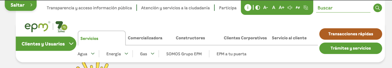 Imagen que muestra el menú del sitio web de EPM