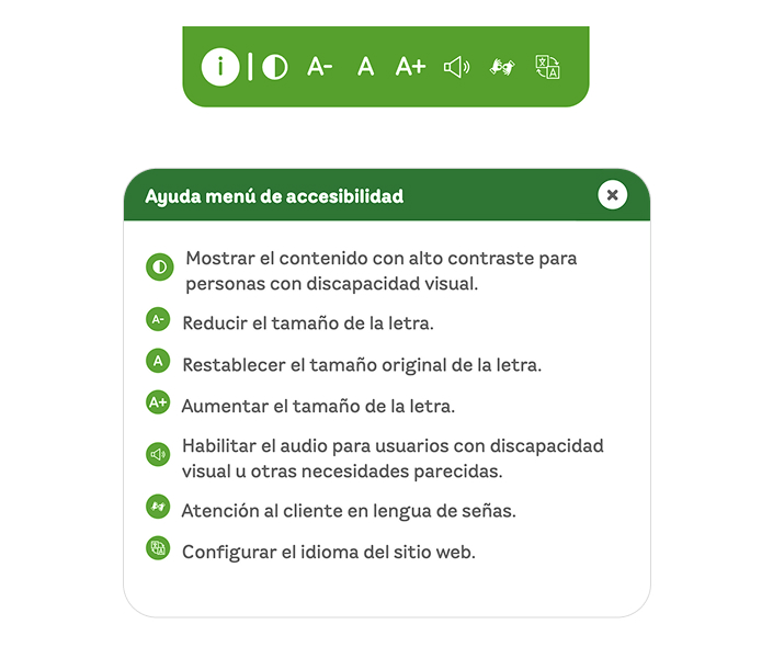 Visualización del menú de accesibilidad, con sus respectivos ítems