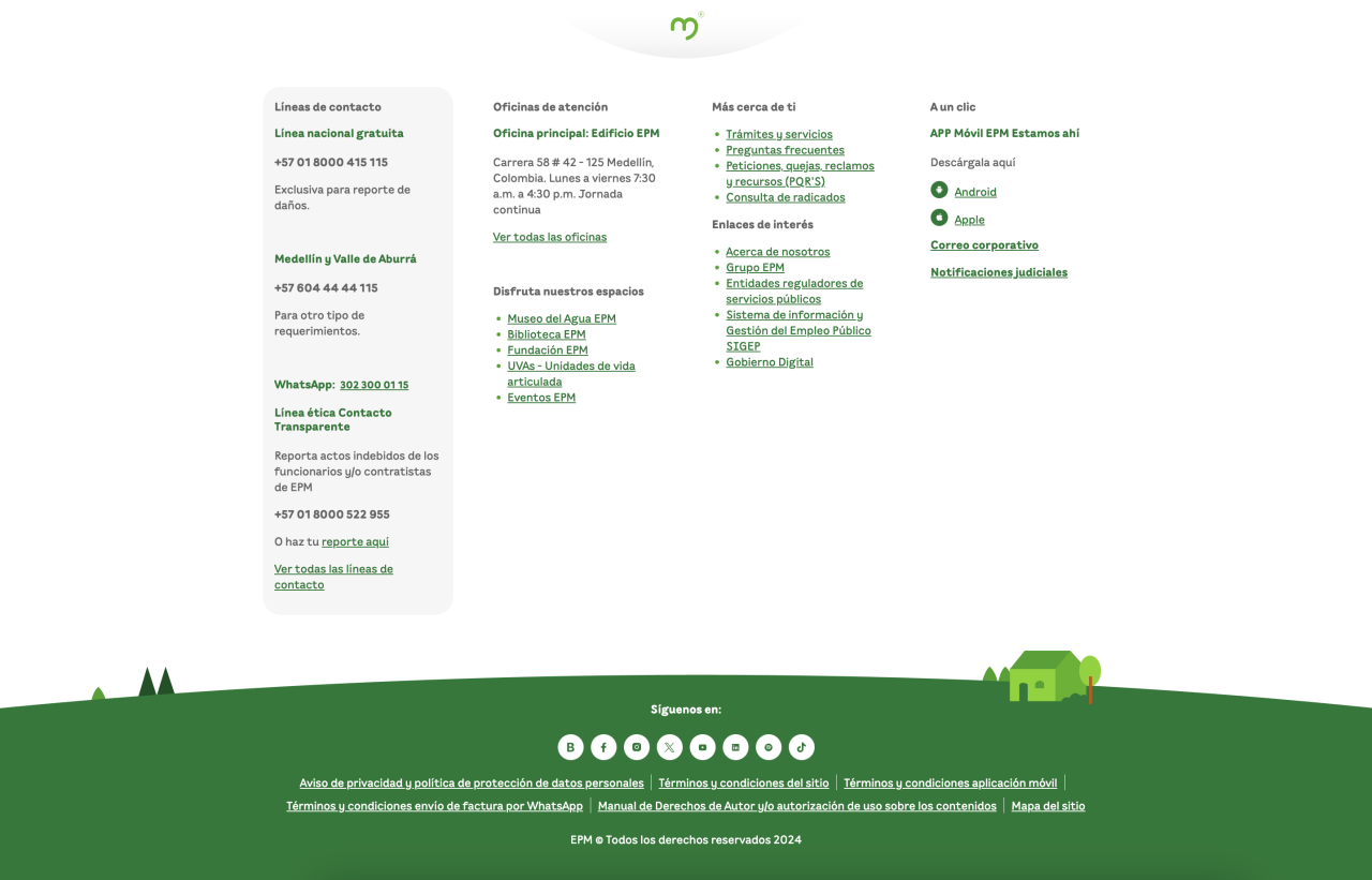 Visualización del footer o pie de página en el sitio web de EPM