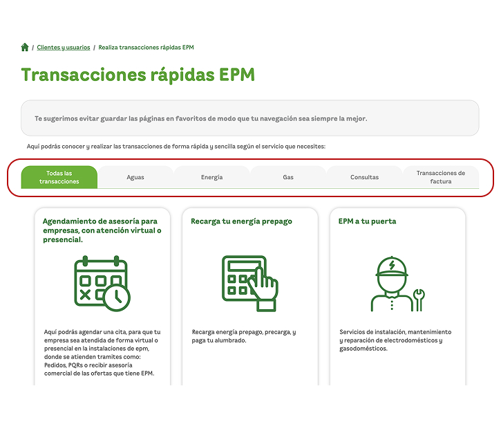 Visualización paso 2, filtrar transacción según el tipo de servicio que necesites