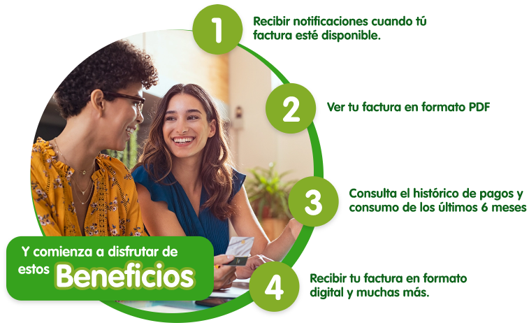 Inscríbete a factura web, con una imagen de dos mujeres sonríen mientras revisan una factura digital y alrededor muestran cuatro beneficios que podrías disfrutar