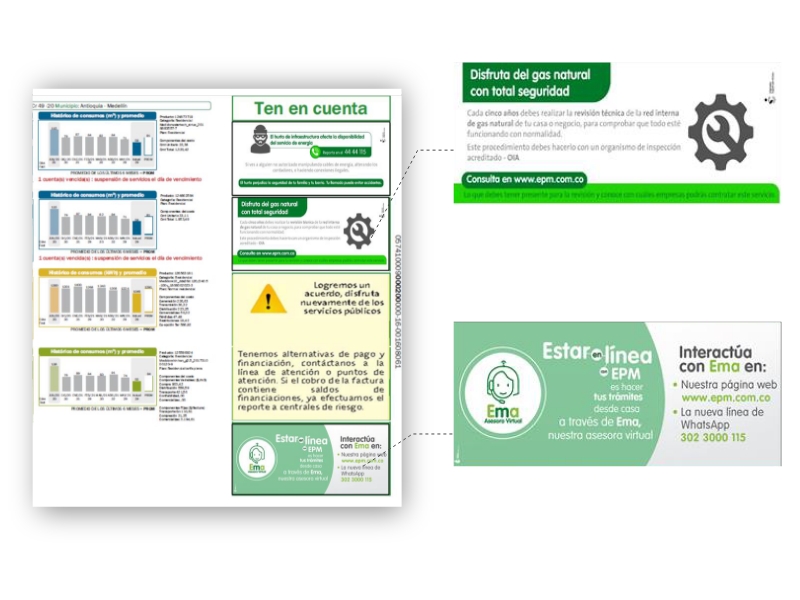 Imagen de la tercera página de la factura EPM con información adicional al usuario. Incluye recomendaciones sobre seguridad en el uso del gas, opciones de financiación, contacto con la asesora virtual Ema y canales de atención disponibles.